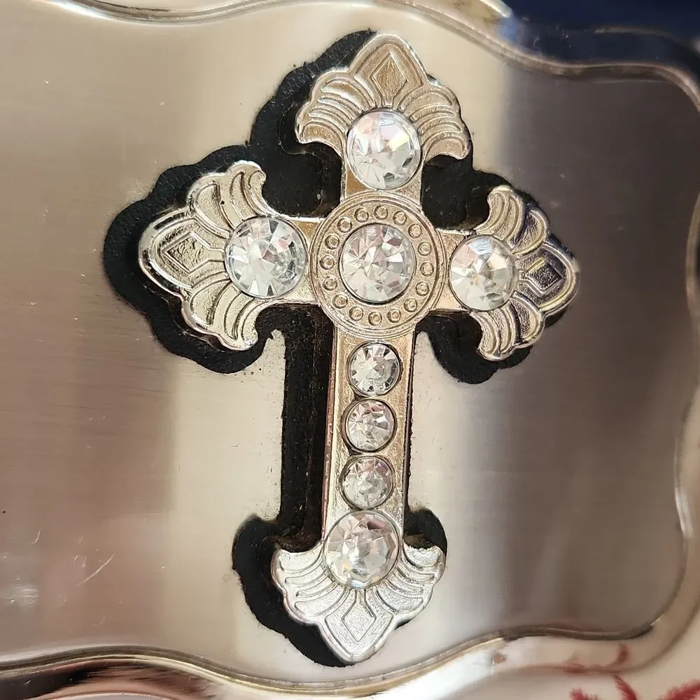 Crucifix Cross Jeweled Silver Belt Buckle NEW